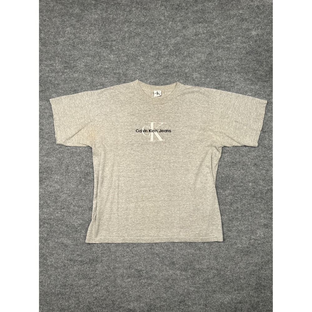 Vintage Calvin Klein Jeans CK Logo T‎ Shirt Gray OSFA XL USA Single Stitch
